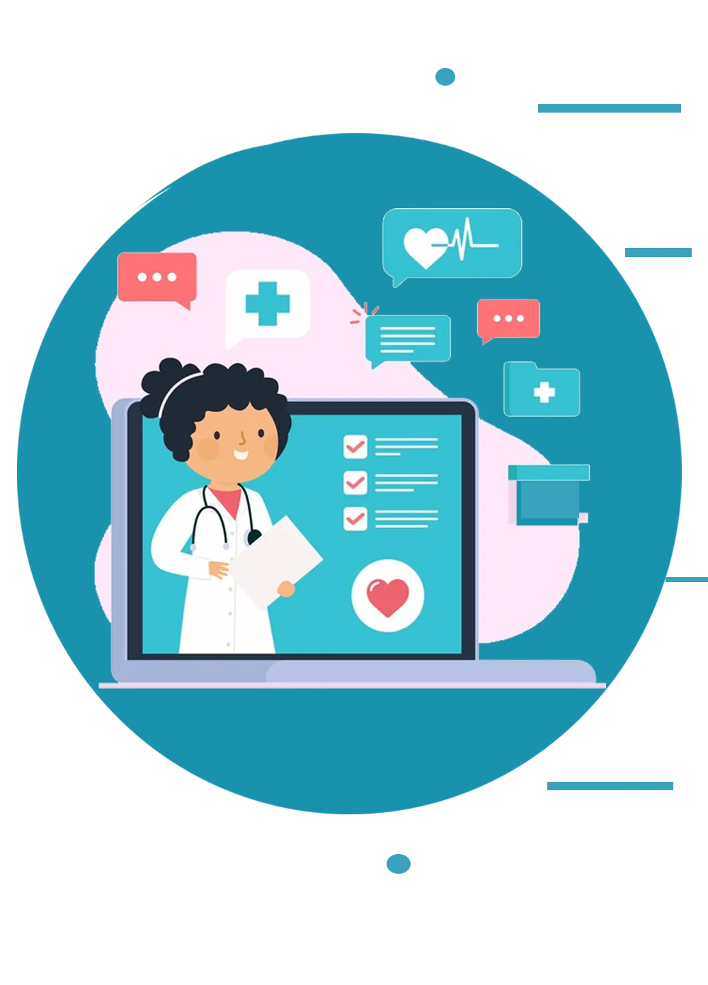 Graphic representing virtual medical expert witness services and interactive deposition summary preparation for litigation